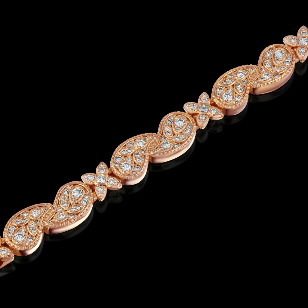 Rose gold bracelet with diamond accents on a black background