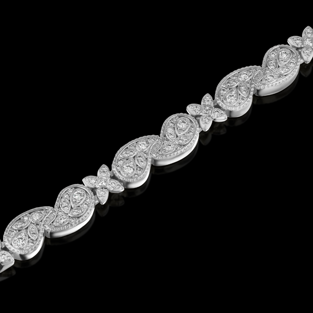 Silver bracelet with diamond accents on a black background